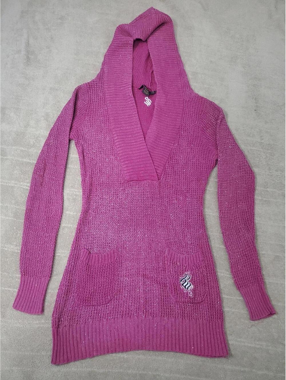 Vintage Rocawear Glitter Pink Hooded Knit Sweater Dress with Front Pockets